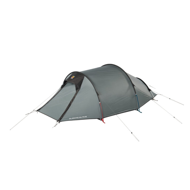 Grey tunnel-style two-person camping tent with black trim and coloured pole sleeves, fully pitched with guylines and pegs visible against a white background.