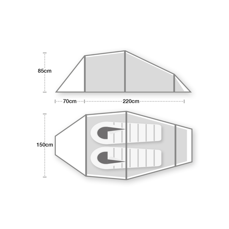 Line-drawing diagram showing side and top views of a two-person tent with two sleeping mats inside, labelled dimensions including 220 cm interior length, 85 cm peak height and 150 cm width, plus a 70 cm vestibule section.