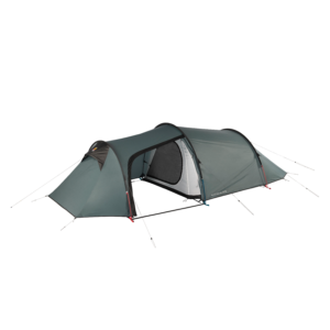 Green-grey tunnel-style camping tent with two connected sleeping compartments and a central covered entrance showing an inner mesh door, arched poles, guy lines and pegs