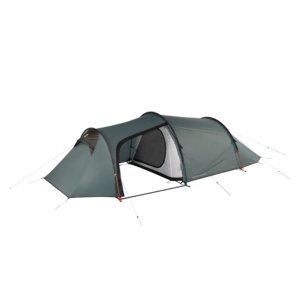 Green-grey tunnel-style camping tent with two connected sleeping compartments and a central covered entrance showing an inner mesh door, arched poles, guy lines and pegs