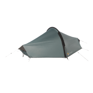 Low-profile grey-green single-person tunnel tent pitched with external guy lines and alloy poles, showing a black-trimmed zipped entrance and tapered foot end.