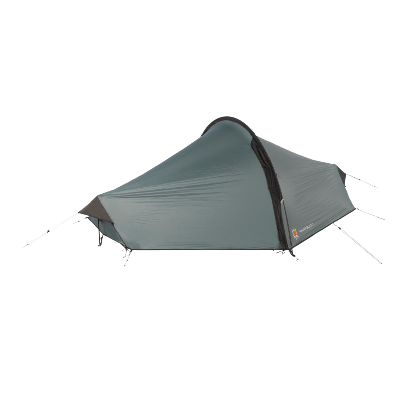 Low-profile grey-green single-person tunnel tent pitched with external guy lines and alloy poles, showing a black-trimmed zipped entrance and tapered foot end.