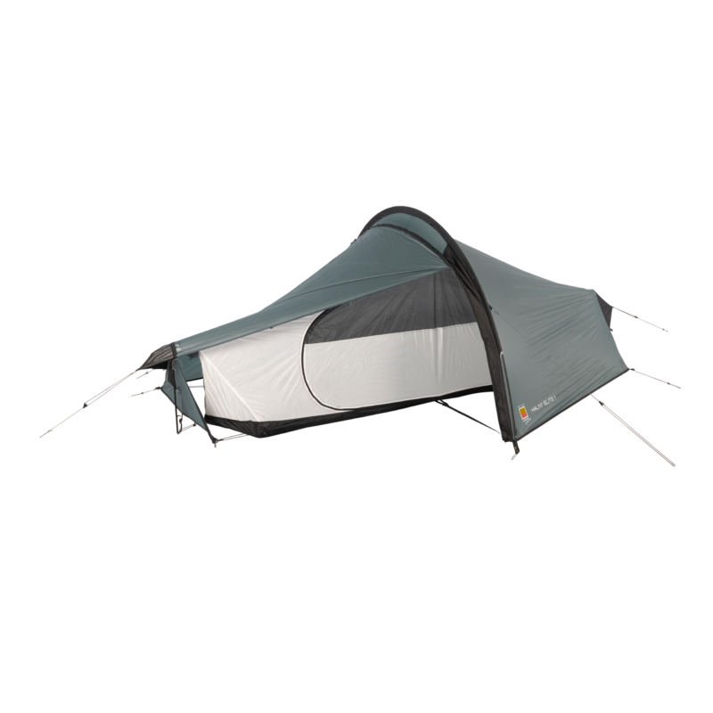Low-profile single-person tunnel tent in muted grey-green with a black frame and rainfly, showing an inner mesh sleeping pod with an oval zip door and a small front vestibule awning held by guy lines.