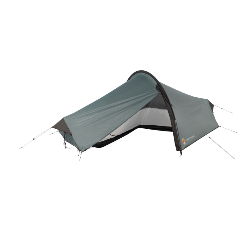 Low-profile grey-green tunnel tent pitched with a curved pole and taut rainfly, partially open to reveal an inner mesh door and black bathtub-style floor, with guy lines staked out.