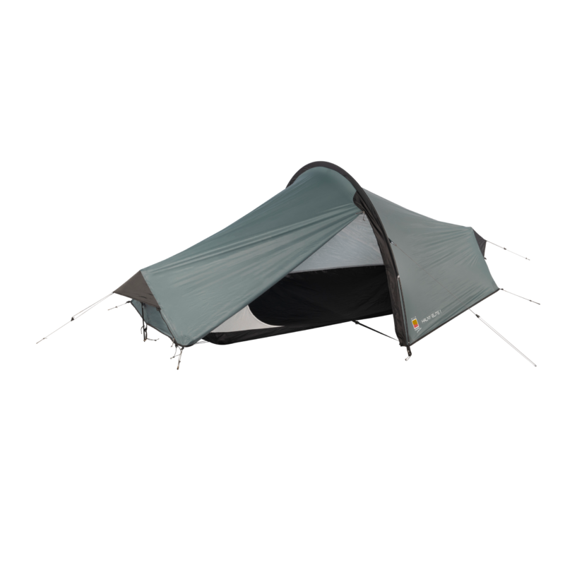 Low-profile grey single-person tunnel tent with a partially open rainfly revealing a black inner sleeping compartment, supported by curved poles and tensioned guylines on a white background.