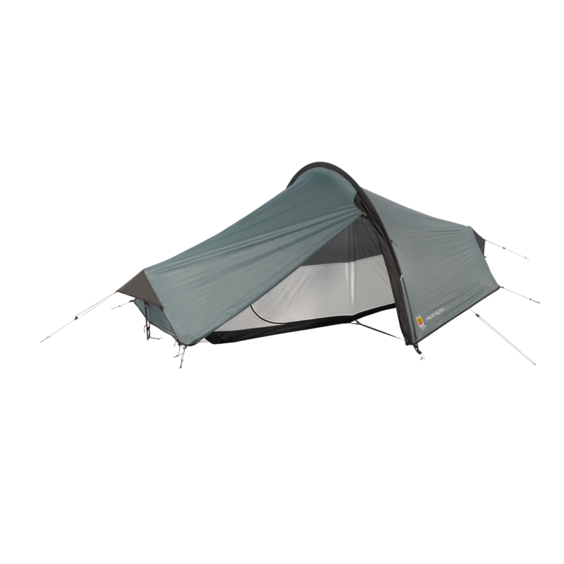 Lightweight grey-green single-person tunnel tent with a curved entrance, mesh inner sleeping area and extended vestibule, shown fully pitched with poles and guy lines on a plain background.
