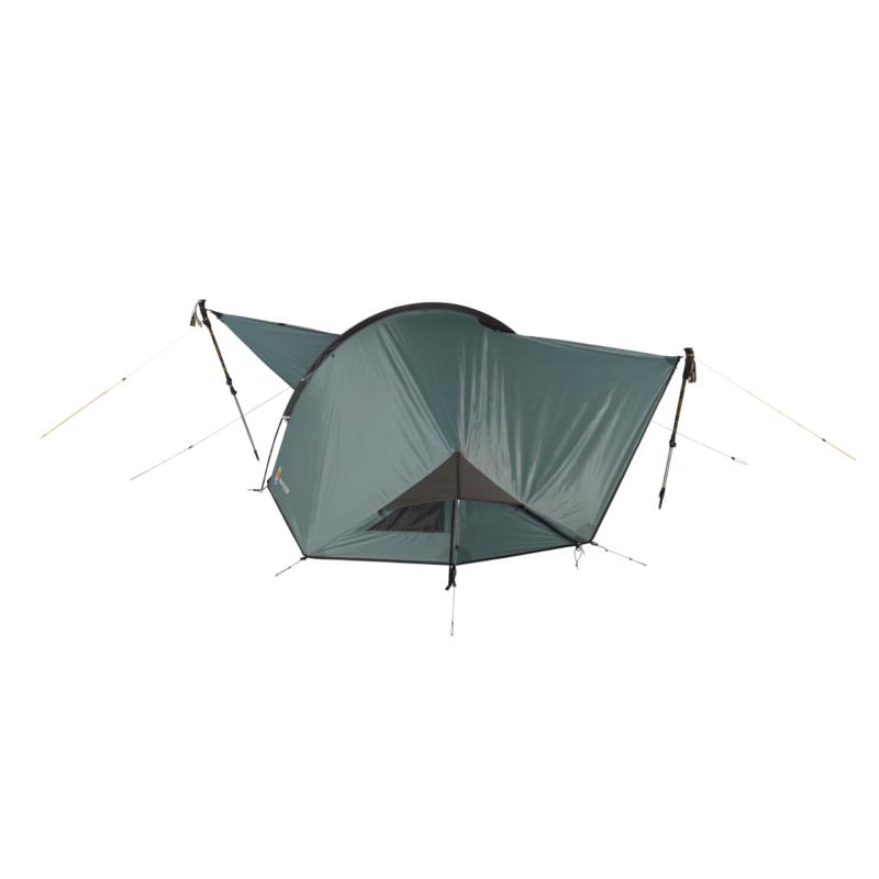 Green-grey single-person backpacking tent with a taut rainfly, two extended awnings propped by trekking poles, a triangular mesh front vent and multiple guy lines anchored around the base