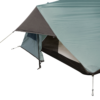 Close-up of the corner of a pale teal camping tent showing the rainfly and taut guyline, a partially open inner doorway tied back and the black bathtub floor beneath.