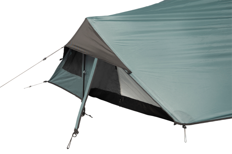 Light teal tent rainfly forming a triangular vestibule, partially unzipped to show a grey inner mesh doorway and black bathtub-style floor, with visible guy lines and adjustment clips.