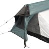 Close-up of a tent entrance showing a teal flysheet and white inner, a partially opened vestibule with zipped flap and mesh panel, taut guy lines and a supporting pole.