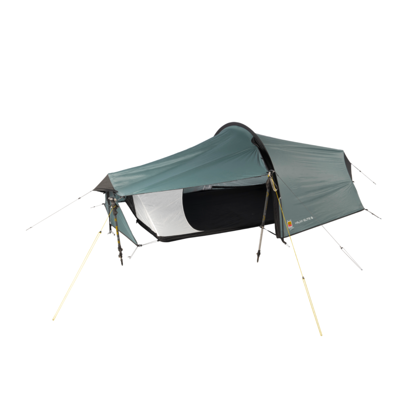 Teal-grey tunnel-style tent pitched using adjustable trekking poles and yellow guy lines, with the flysheet pulled back to reveal a white mesh inner and black bathtub floor.
