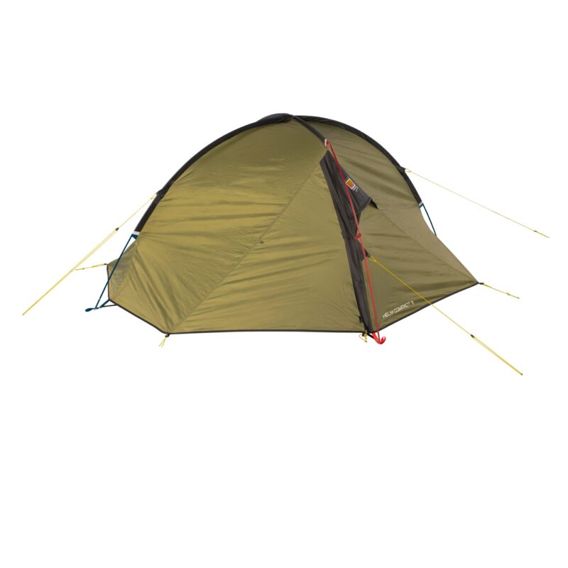 Olive-green two-person dome tent with black trim and a red zippered front vestibule, supported by crossed poles and bright yellow guylines and stakes, shown on a white background.