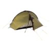 Olive-green single-person dome tent with a black base and yellow guy lines, front vestibule partially open and propped by a trekking pole revealing the inner mesh door.