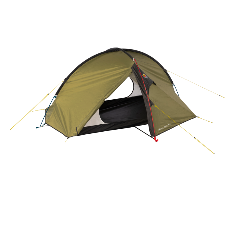 Olive-green two-person backpacking tent with a partially open triangular front door revealing a black inner groundsheet, taut yellow guylines and contrasting red pole fittings on a white background.