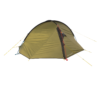 Olive-green dome camping tent with black trim, a red zippered door flap and yellow guy lines and stakes, shown pitched against a plain white background.