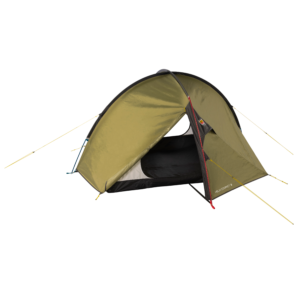 Olive-green dome camping tent with a partially open front door revealing a black inner sleeping area, curved black poles and red pole accents, with "HELM COMPACT 3" printed near the lower edge.