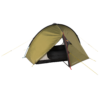 Olive-green dome camping tent with a partially open front door revealing a black inner sleeping area, curved black poles and red pole accents, with "HELM COMPACT 3" printed near the lower edge.