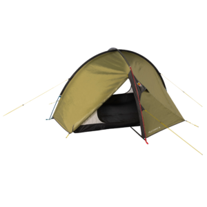 Olive-green dome camping tent with a partially open front door revealing a black inner sleeping area, curved black poles and red pole accents, with "HELM COMPACT 3" printed near the lower edge.