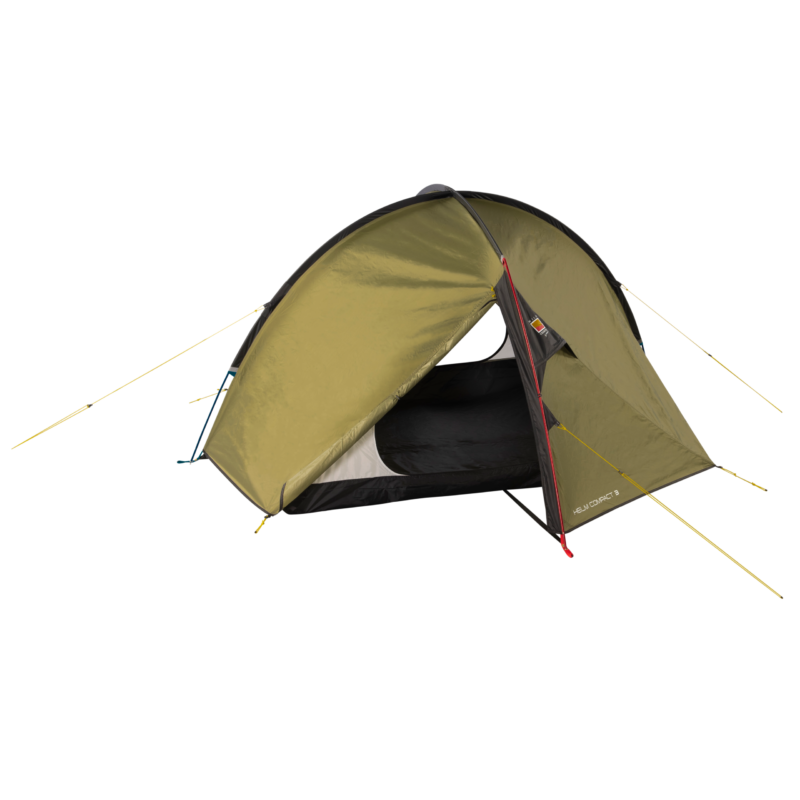 Olive-green dome camping tent with a partially open front door revealing a black inner sleeping area, curved black poles and red pole accents, with "HELM COMPACT 3" printed near the lower edge.