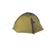Olive-green three-person dome tent with black trim, a red-zippered door and yellow guy lines staked out, shown isolated on a plain background.