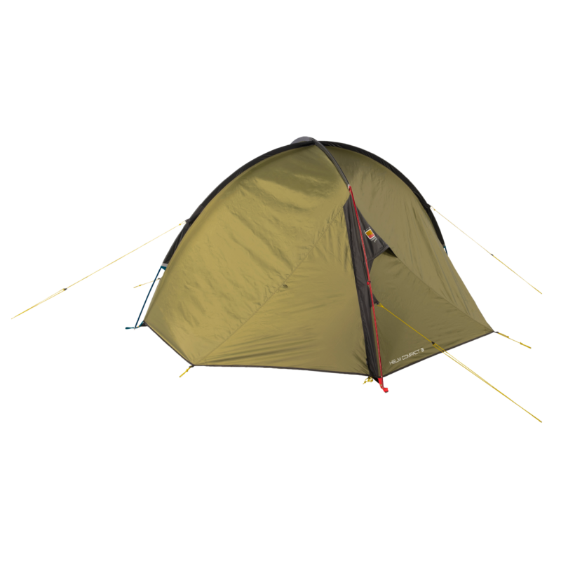 Olive-green three-person dome tent with black trim, a red-zippered door and yellow guy lines staked out, shown isolated on a plain background.