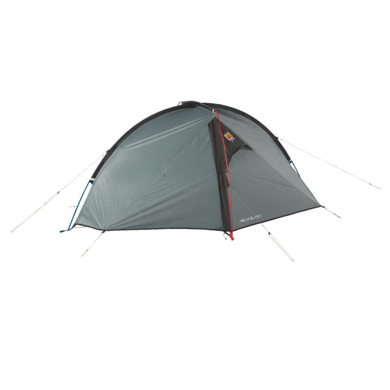 Grey dome tent with black trim and a red front pole, taut guy lines and stakes, a small multicolour logo by the entrance and the text 'HELM ELITE 1' printed near the base, shown on a white background.