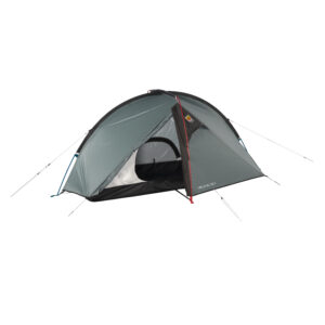Single-person grey dome tent with a black floor and red front pole, partially open mesh door and tensioned guylines on a white background