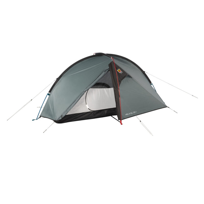 Single-person grey dome tent with a black floor, red and blue support poles and anchored guylines, rainfly partly open to reveal a white inner mesh door, shown against a plain white background.