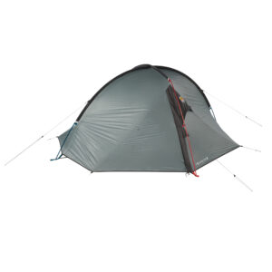 Compact two-person freestanding dome tent with a grey rainfly, black and red pole accents, a small front vestibule and tensioned guylines, photographed pitched on a white background.