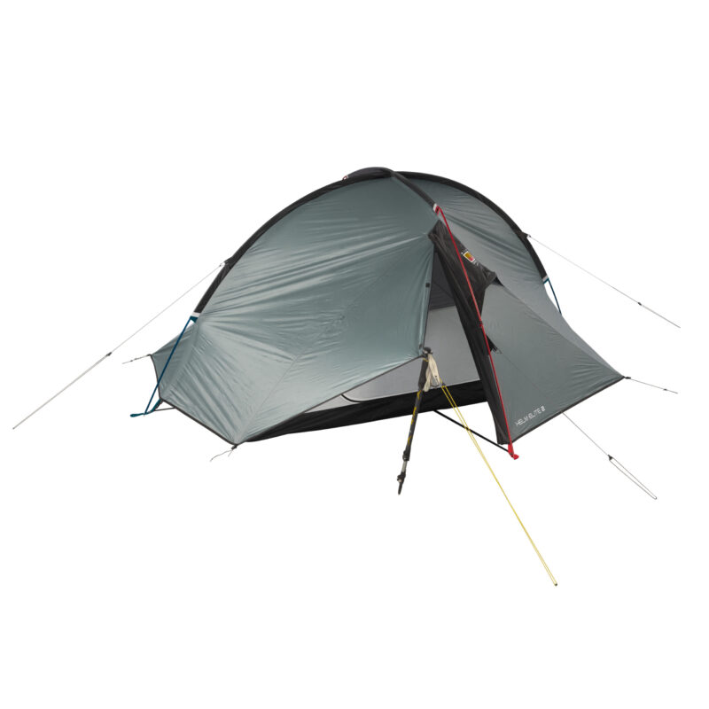 Grey freestanding dome backpacking tent with rainfly and a small front porch propped by a yellow trekking pole, partially open door showing the mesh inner tent, black base and red pole accents with guy lines tensioned.
