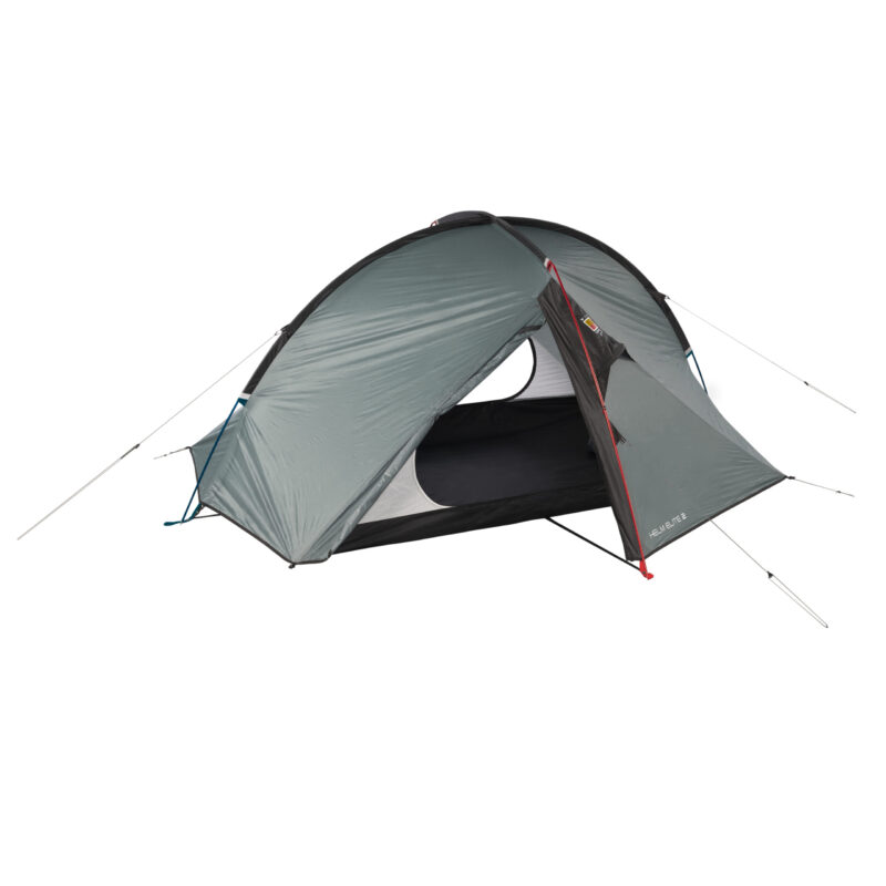 Lightweight two-person dome camping tent with a grey flysheet and black floor, front partially open to show the inner mesh sleeping area, supported by crossed poles and taut guy lines with red and blue pole accents.