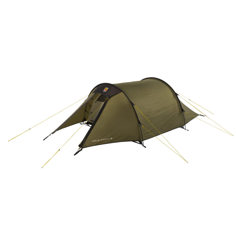 Olive-green tunnel-style two-person tent with a small front awning and black poles, secured by yellow guy lines on a plain white background.
