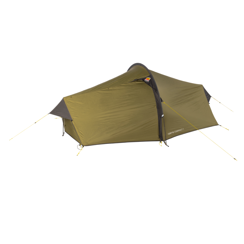 Olive-green single-person tunnel tent with a black arched pole, taut yellow guy lines and a small logo, displayed against a white background.