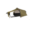 Olive-green single-person tunnel tent with a black floor and white inner panel, featuring a large circular side doorway, small awning, yellow guy lines and black poles on a plain white background.