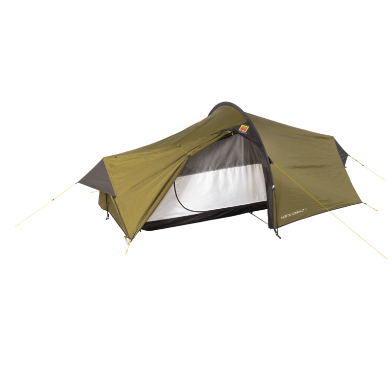 Olive-green single-person tunnel tent with a partially open rainfly revealing the white inner sleeping compartment, yellow guy lines attached and 'NORTE COMPACT 1' branding on the side, shown on a white background.