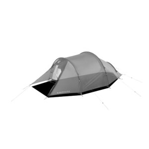 WC_Blizzard_Elite2_FP-scaled-4.jpg Low-profile grey tunnel tent with three curved poles and staked guy lines, a small front vestibule and partially open zippered entrance over a black groundsheet labeled Blizzard Elite 2