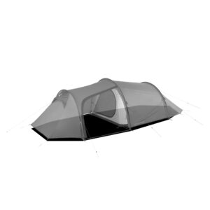 WC_Blizzard_Elite3_FP-scaled-4.jpg Tunnel-style camping tent with arched poles and an open front vestibule revealing the inner sleeping compartment, grey flysheet and black groundsheet with guy lines staked out.