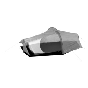 Low-profile two-person tunnel tent with an arched pole and extended front canopy, grey flysheet over a white inner sleeping compartment with a round doorway, secured by guy lines on a black groundsheet against a white background.