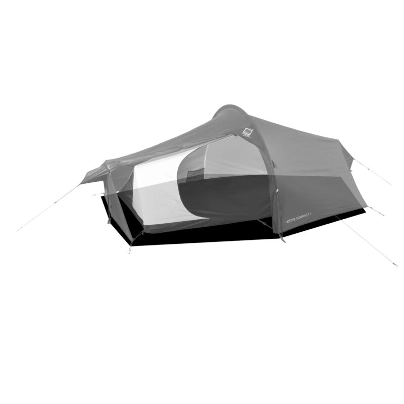 Grey single-person tunnel tent with rainfly and open mesh inner doorway, staked out with guylines over a black groundsheet on a plain white background.