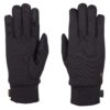Pair of black winter gloves laid flat on a white background — the left glove shows the palm with reinforced touchscreen patches on the thumb and index finger, the right glove shows the back with a low-profile cuff and small fabric tags.