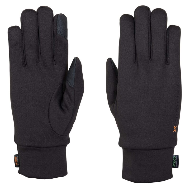 Pair of black winter gloves laid flat on a white background — the left glove shows the palm with reinforced touchscreen patches on the thumb and index finger, the right glove shows the back with a low-profile cuff and small fabric tags.
