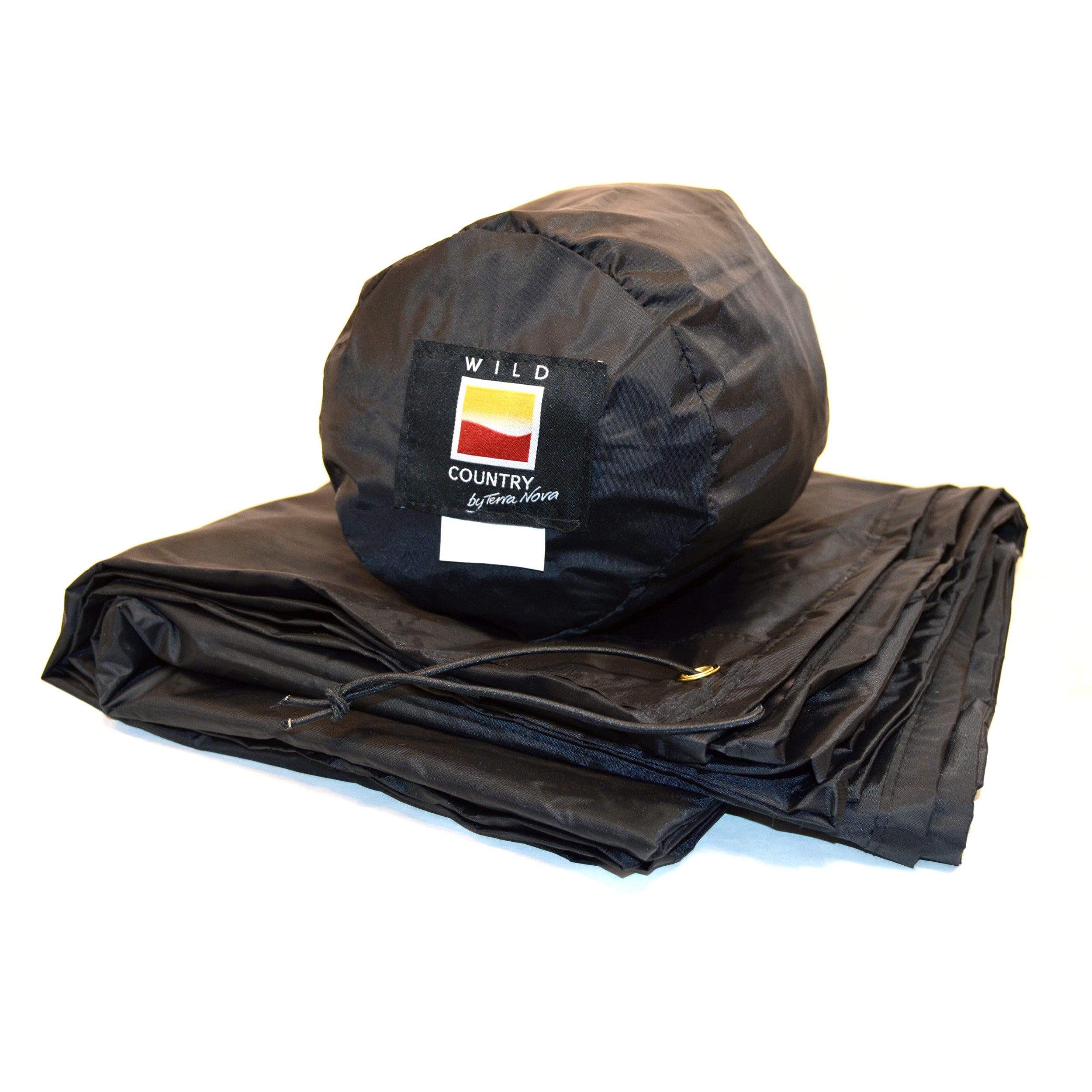Folded black waterproof groundsheet with a matching cylindrical stuff sack displaying a square 'WILD COUNTRY by Terra Nova' logo patch.