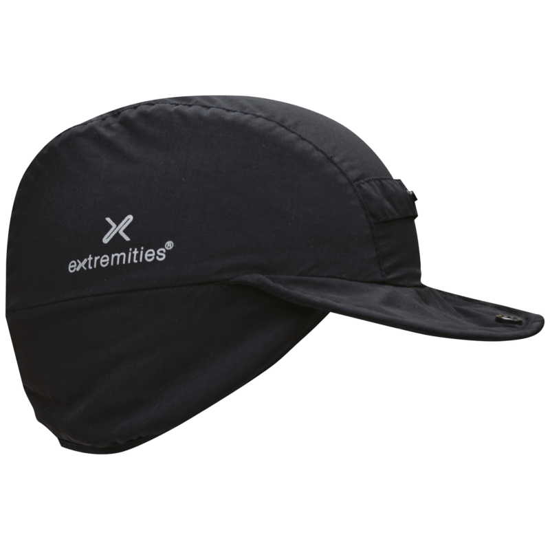 Black Extremities branded cycling cap with a short curved peak, full-coverage ear flap, visible stitched seams and a small adjustment tab on the side