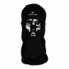 Black full-coverage balaclava extending over the neck with a round face opening showing a glossy black mannequin face and a small white extremities logo and symbol on the forehead, photographed on a plain white background.