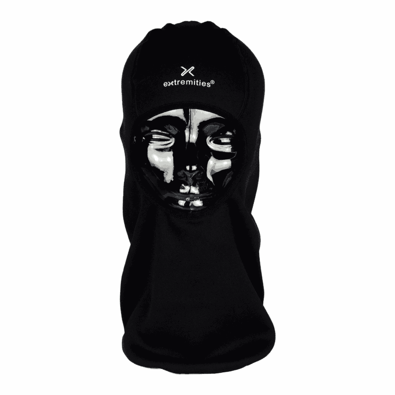Black full-coverage balaclava extending over the neck with a round face opening showing a glossy black mannequin face and a small white extremities logo and symbol on the forehead, photographed on a plain white background.