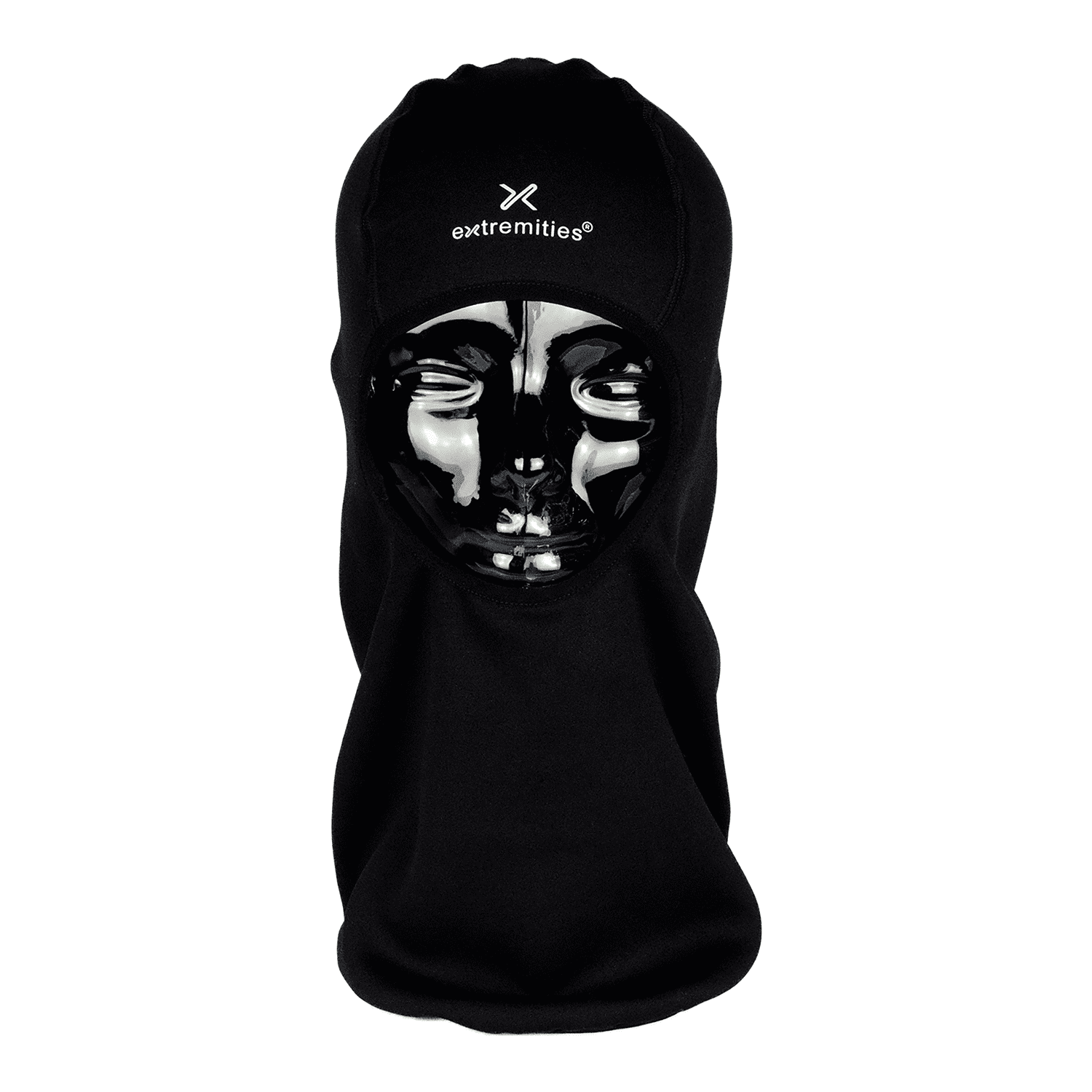 Black full-coverage balaclava extending over the neck with a round face opening showing a glossy black mannequin face and a small white extremities logo and symbol on the forehead, photographed on a plain white background.