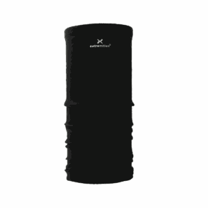 Black tubular neck gaiter made of smooth fabric with a small white Extremities logo near the top and gentle horizontal gathers toward the lower half.