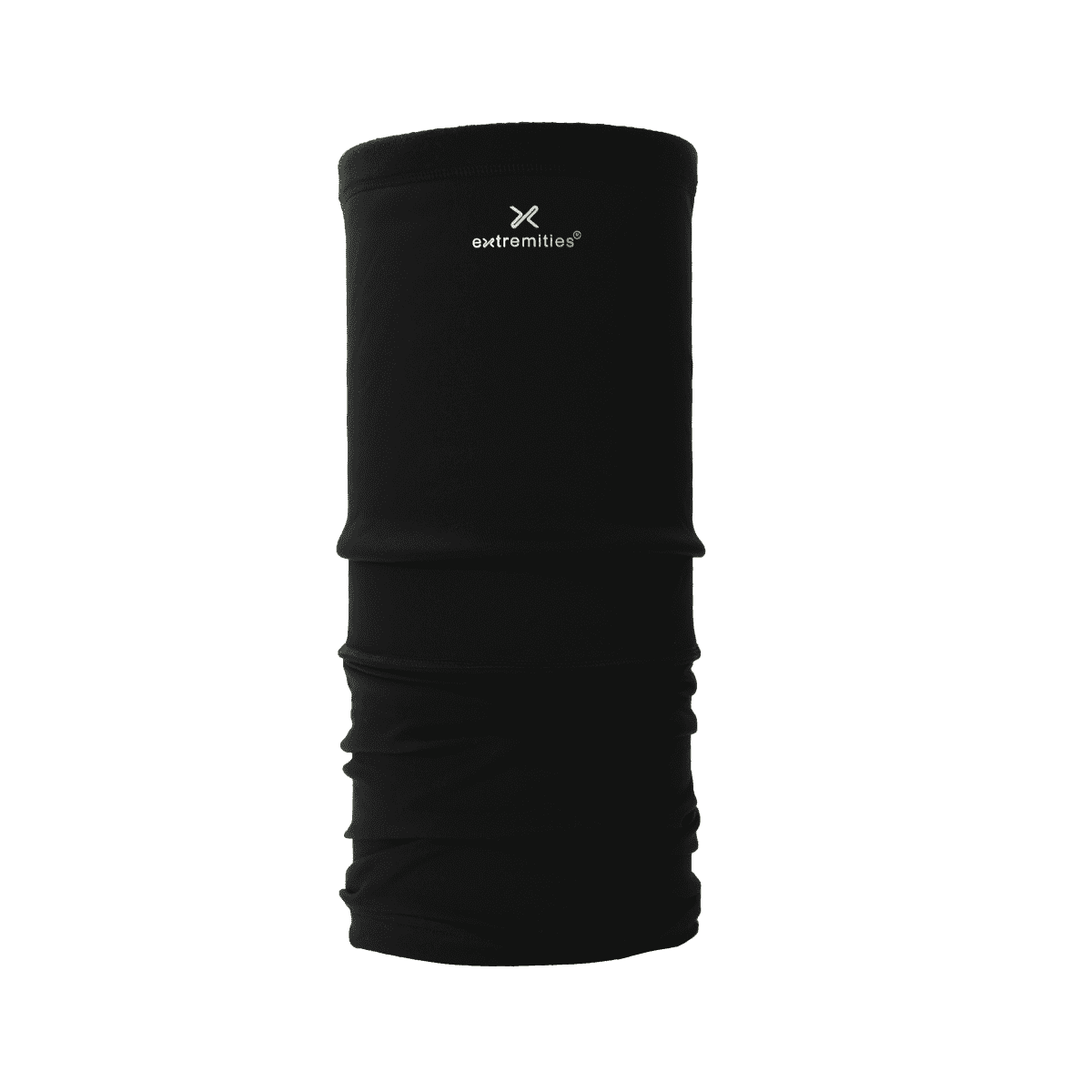 Black tubular neck gaiter made of smooth fabric with a small white Extremities logo near the top and gentle horizontal gathers toward the lower half.