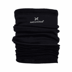 Black fleece tubular neck warmer with ruched folds and a white "extremities" wordmark and stylised X logo near the top, shown against a white background.