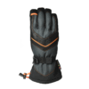 Long-cuff black and dark-grey insulated ski glove with orange piping, leather-reinforced finger panels, adjustable wrist strap and visible Gore‑Tex tag.